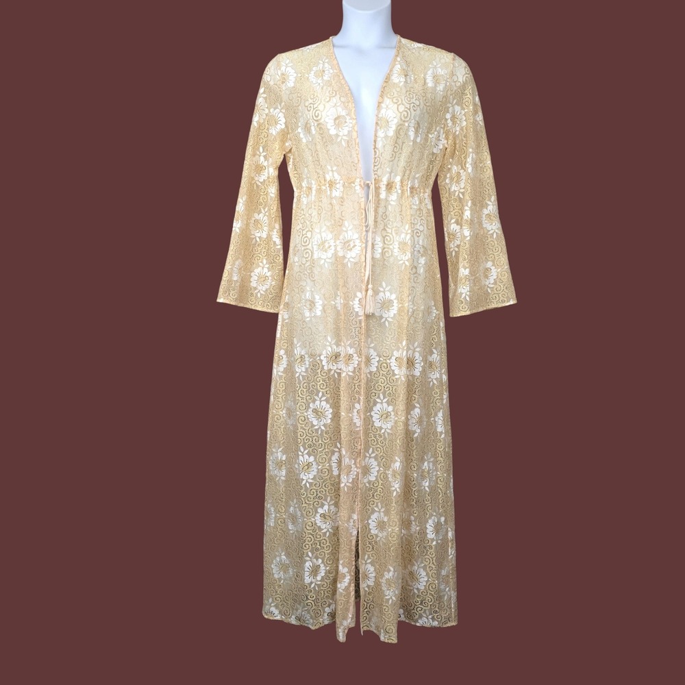 Niswa Fashion Womens Gold White Floral Lace Maxi Duster Cardigan Size L NWT